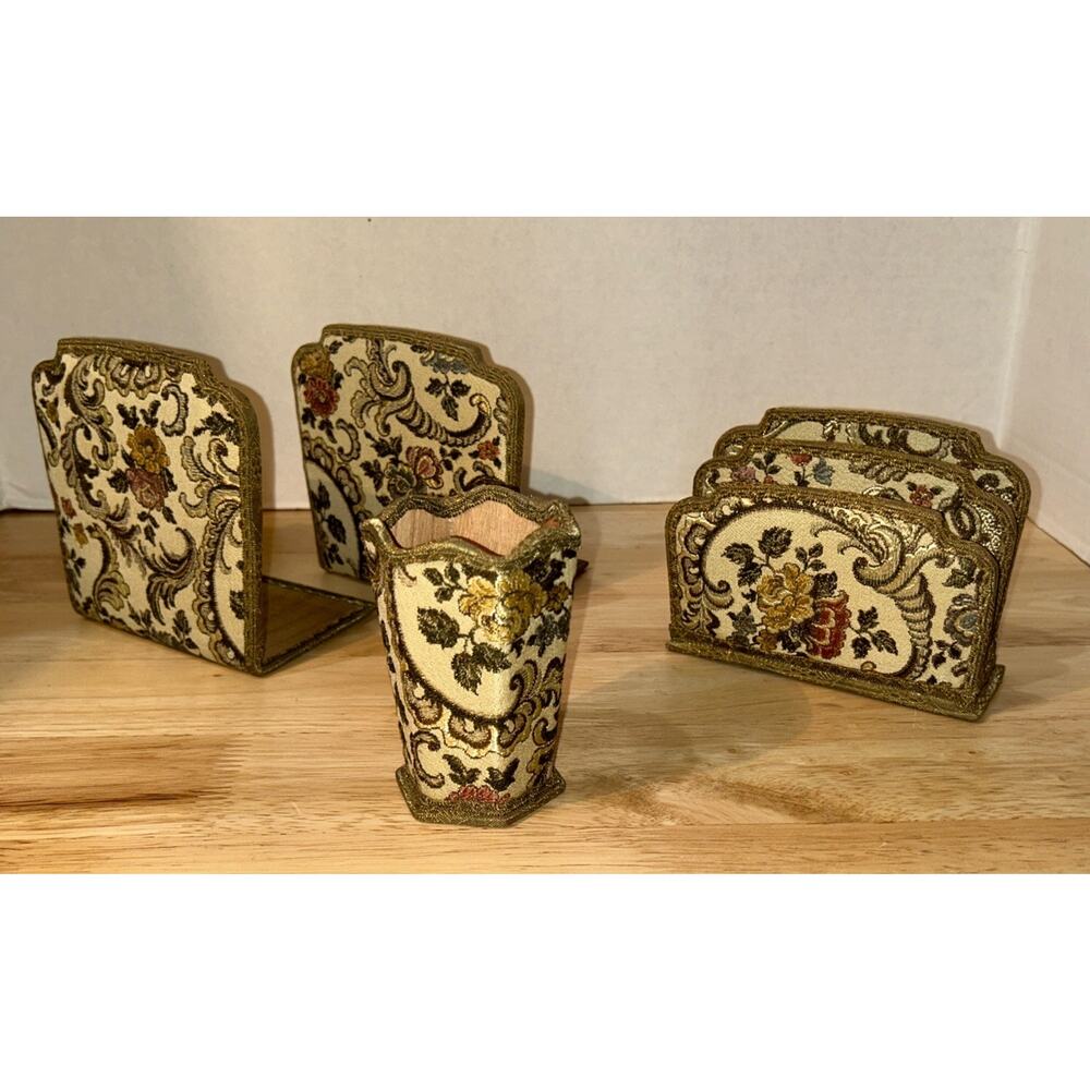 Vintage W Germany Tapestry Letter Holder + Pencil Cup + Bookends Floral Feminine